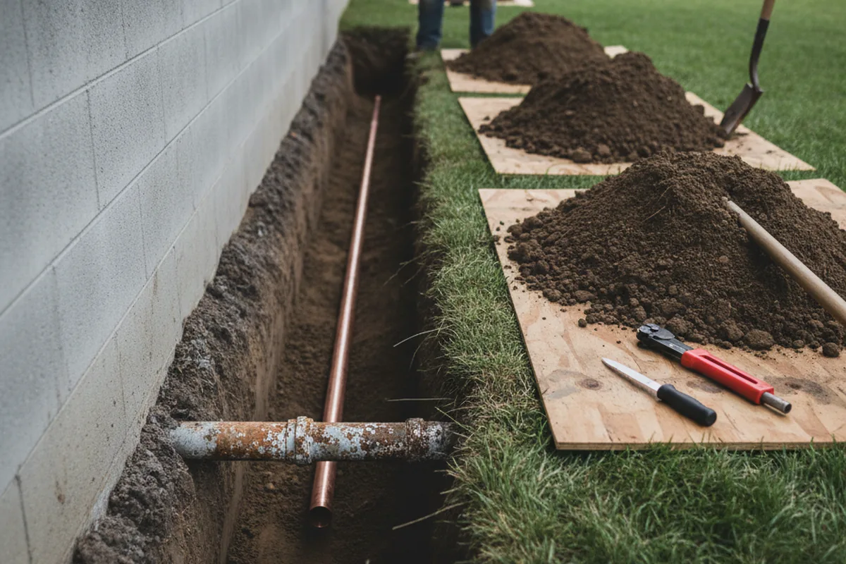 Excavated water line trench during Water Softener Installation in Glenford